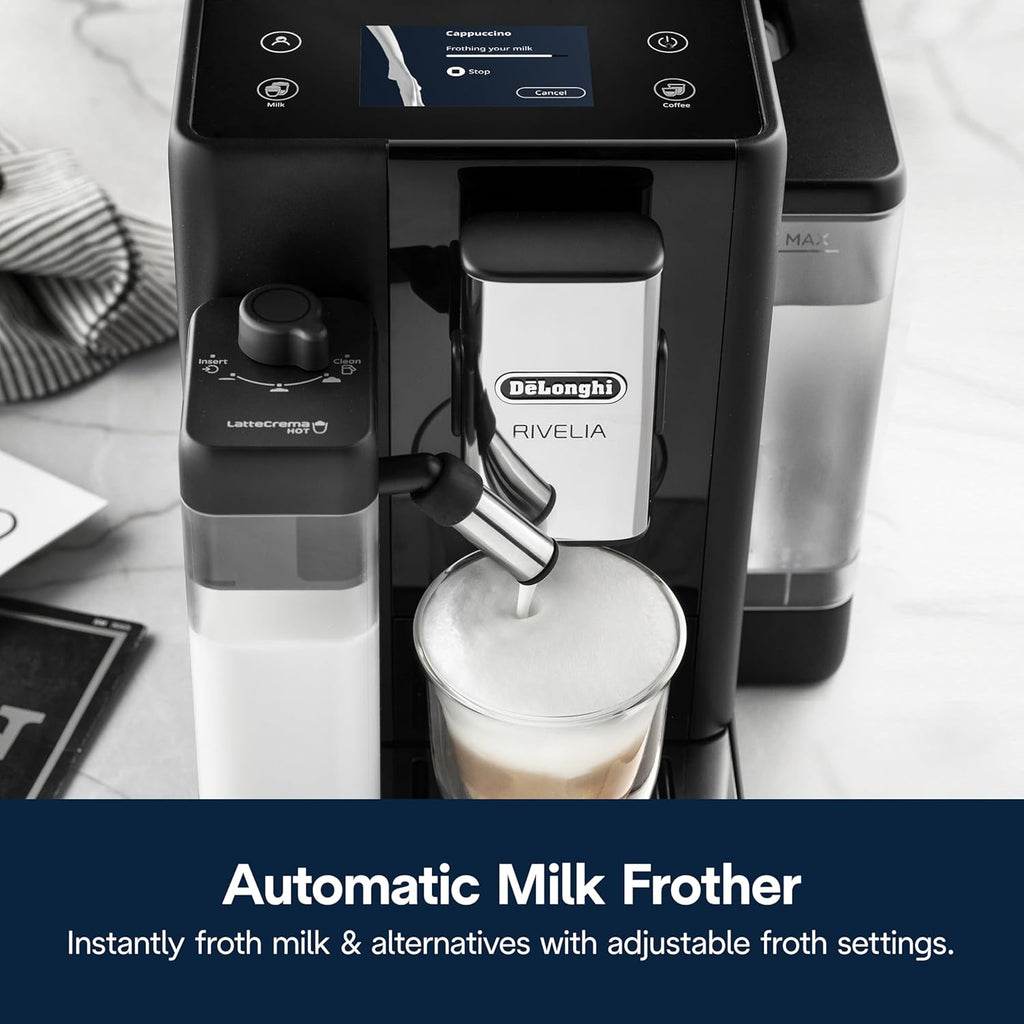 De'Longhi Rivelia – Automatisk espressomachine med kværn og mælkeskummer